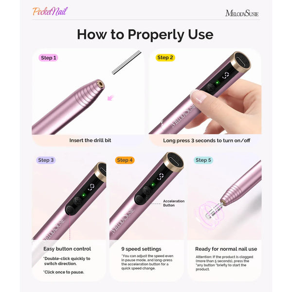 MelodySusie - PocketNail PC100GR/PC100G Innovative Pen-Shaped Portable Nail Drill 20,000RPM - Pleasing Pink
