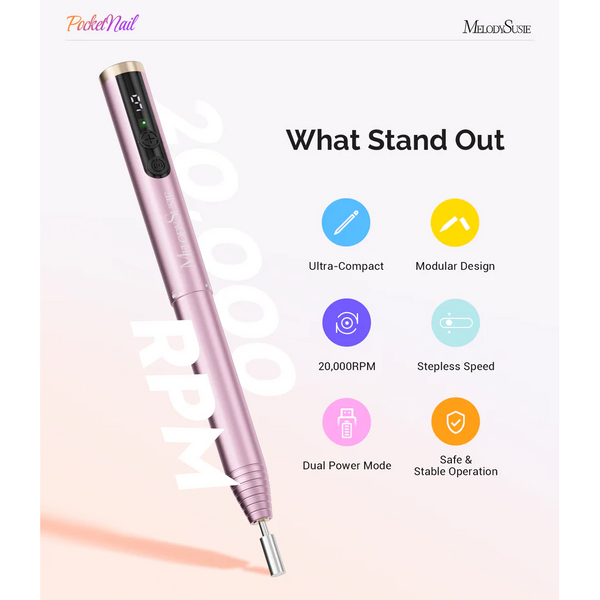 MelodySusie - PocketNail PC100G Pen-Shaped Portable Rechargeable Nail Drill 20,000 RPM - Cotton Candy Pink