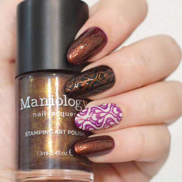 Maniology - Stamping Nail Polish - Nightshade: Velvetine (B527) - Maroon Red With Gold Shimmer