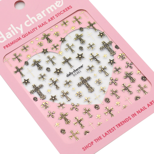 Daily Charme - 3D Embossed Nail Art Sticker - Ornate Crosses - Gold