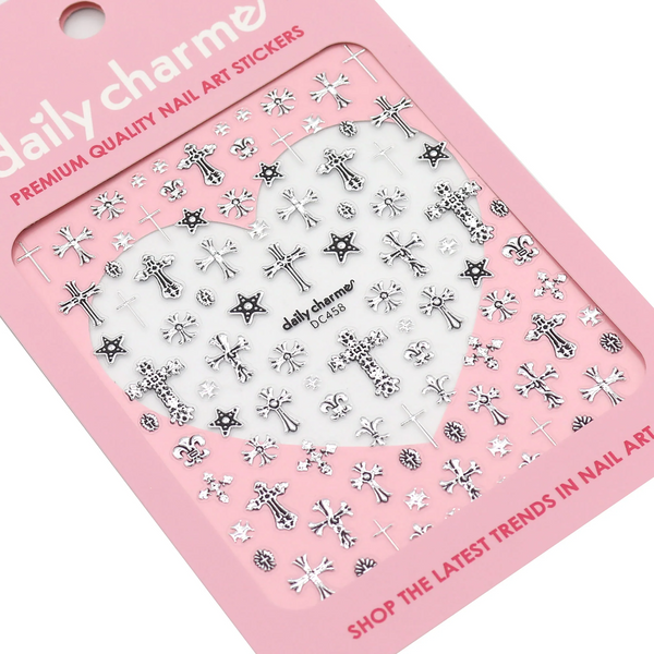 Daily Charme - 3D Embossed Nail Art Sticker - Ornate Crosses - Silver