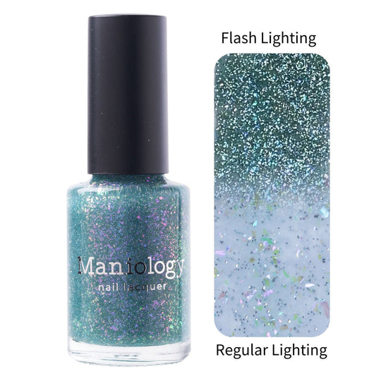 Maniology - Stamping Nail Polish - Morning Dew: First Light #P161 - Teal Flakies Jelly Nail Polish With Reflective Glitter